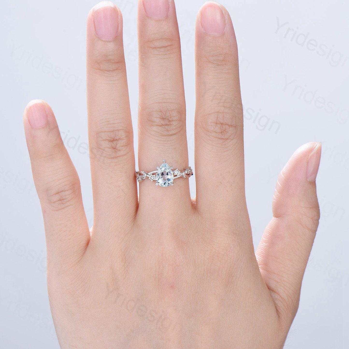 Vintage Natural Aquamarine Engagement Ring Pear Shaped 14K White Gold Moon Star Wedding Ring March Birthstone Moonstone Promise Ring Women - PENFINE