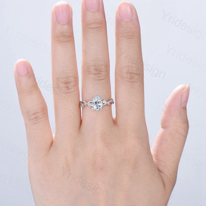 Vintage Natural Aquamarine Engagement Ring Pear Shaped 14K White Gold Moon Star Wedding Ring March Birthstone Moonstone Promise Ring Women - PENFINE