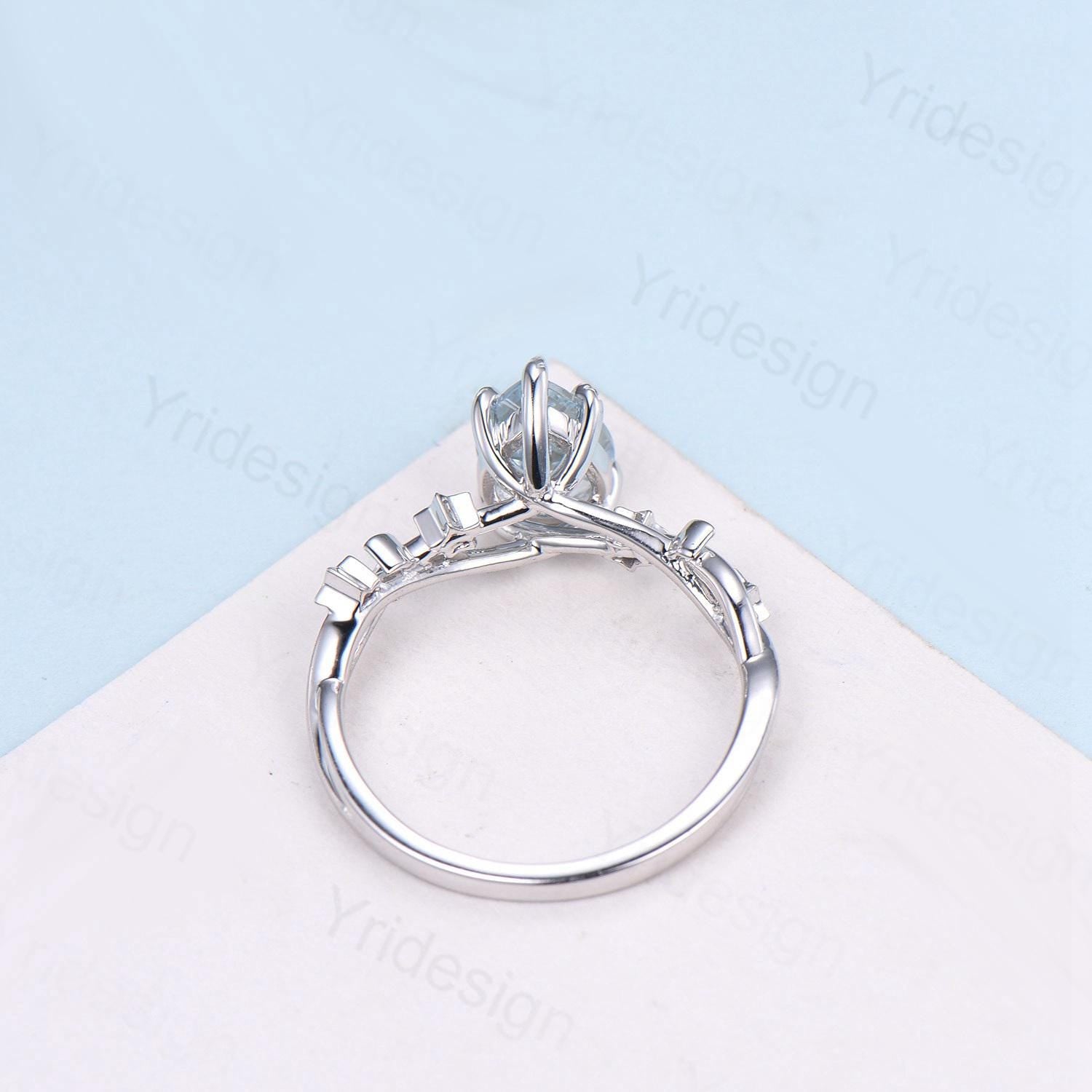 Vintage Natural Aquamarine Engagement Ring Pear Shaped 14K White Gold Moon Star Wedding Ring March Birthstone Moonstone Promise Ring Women - PENFINE