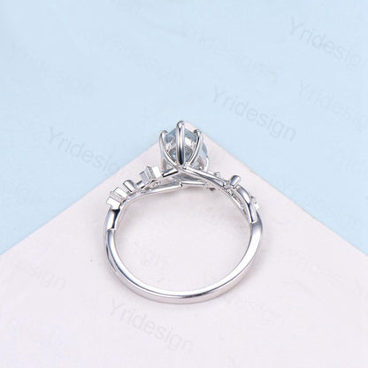 Vintage Natural Aquamarine Engagement Ring Pear Shaped 14K White Gold Moon Star Wedding Ring March Birthstone Moonstone Promise Ring Women - PENFINE
