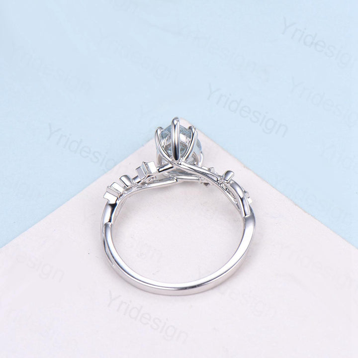 Vintage Natural Aquamarine Engagement Ring Pear Shaped 14K White Gold Moon Star Wedding Ring March Birthstone Moonstone Promise Ring Women - PENFINE
