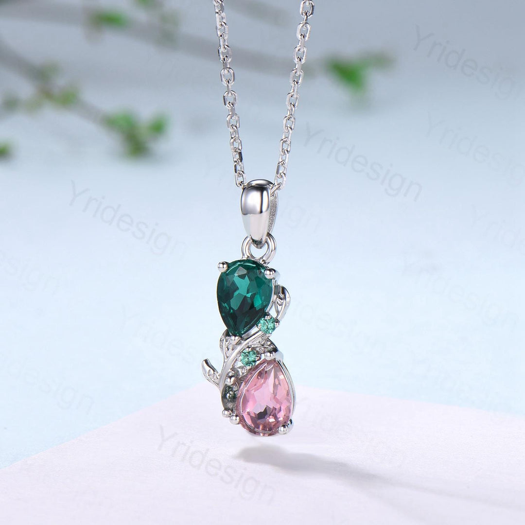 Nature Inspired Pink Tourmaline Emerald Pendant Necklace Women Unique Alternative Moss Agate Necklace Branch Snake pear shaped leafy pendant - PENFINE