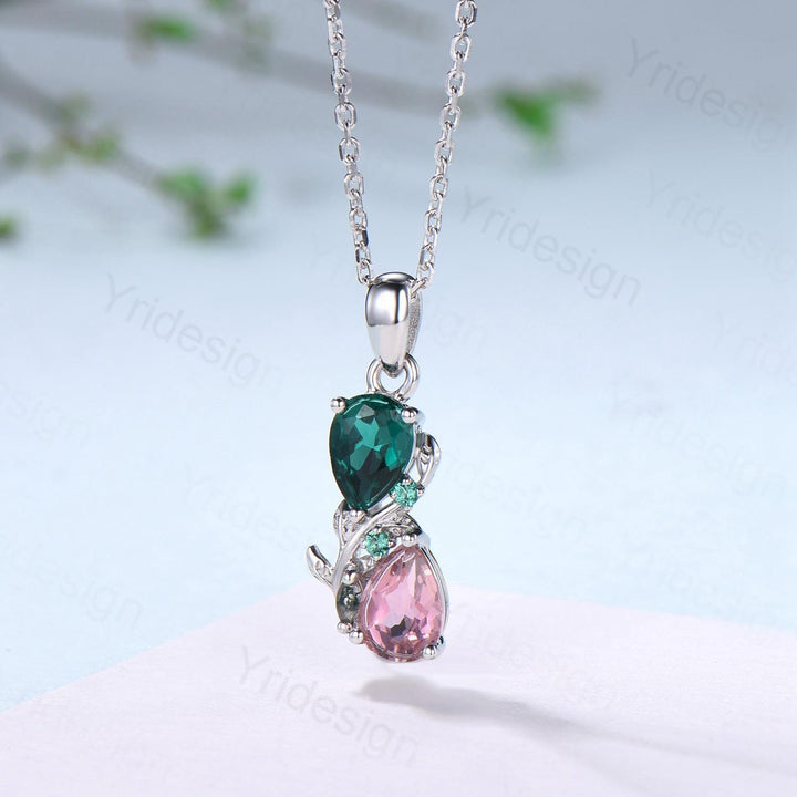 Nature Inspired Pink Tourmaline Emerald Pendant Necklace Women Unique Alternative Moss Agate Necklace Branch Snake pear shaped leafy pendant - PENFINE