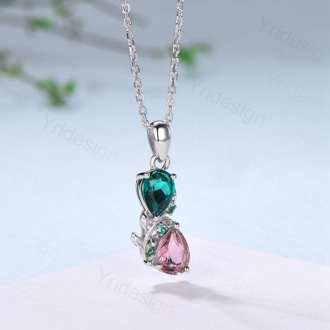 Nature Inspired Pink Tourmaline Emerald Pendant Necklace Women Unique Alternative Moss Agate Necklace Branch Snake pear shaped leafy pendant - PENFINE