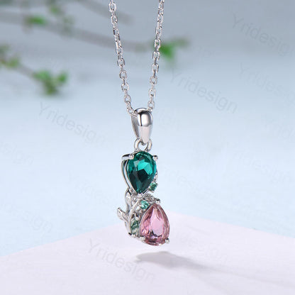 Nature Inspired Pink Tourmaline Emerald Pendant Necklace Women Unique Alternative Moss Agate Necklace Branch Snake pear shaped leafy pendant - PENFINE