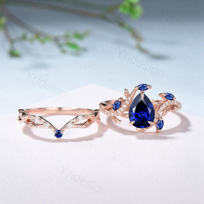 Nature Inspired Pear Shaped Blue Sapphire Engagement Ring Set Snake Marquise Sapphire Wedding Bridal Ring Set Twig Vine Promise Ring - PENFINE