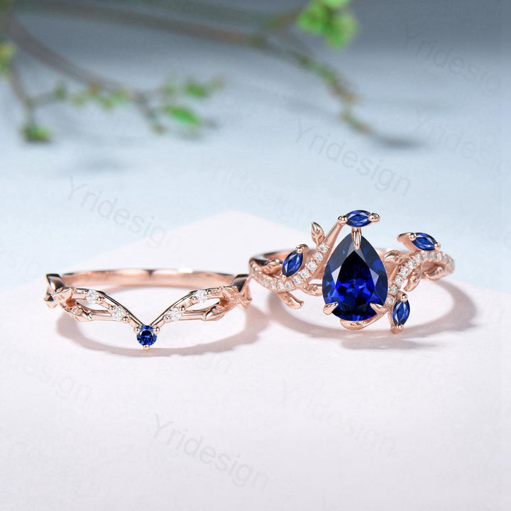Nature Inspired Pear Shaped Blue Purple Sapphire Engagement Ring Set Snake Marquise Sapphire Wedding Bridal Ring Set Twig Vine Promise Ring - PENFINE