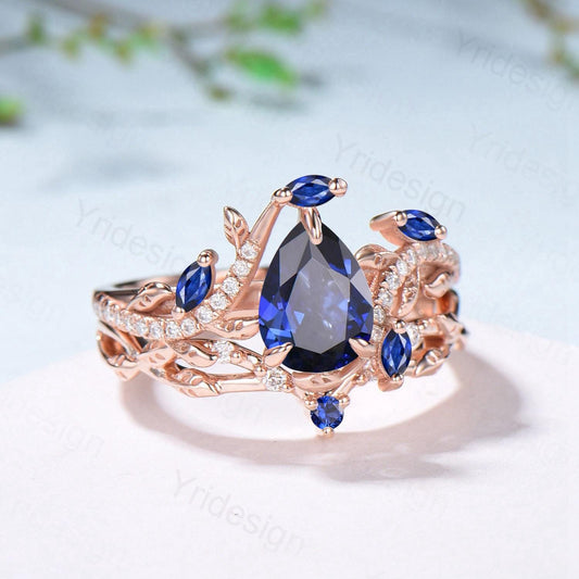 Nature Inspired Pear Shaped Blue Sapphire Engagement Ring Set Snake Marquise Sapphire Wedding Bridal Ring Set Twig Vine Promise Ring - PENFINE