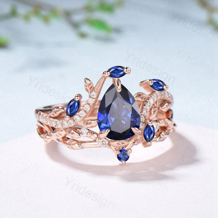 Nature Inspired Pear Shaped Blue Purple Sapphire Engagement Ring Set Snake Marquise Sapphire Wedding Bridal Ring Set Twig Vine Promise Ring - PENFINE