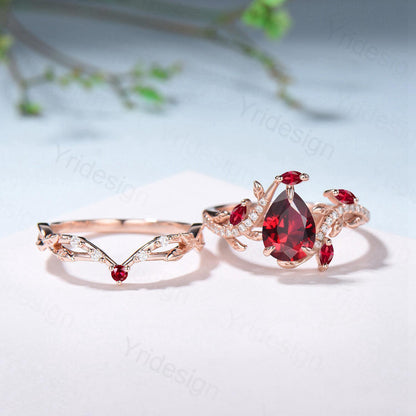 Nature Inspired Pear Shaped Ruby Engagement Ring Set Snake Marquise Ruby Wedding Ring Art Deco Bridal Set Twig Vine Leafy Anniversary Ring - PENFINE