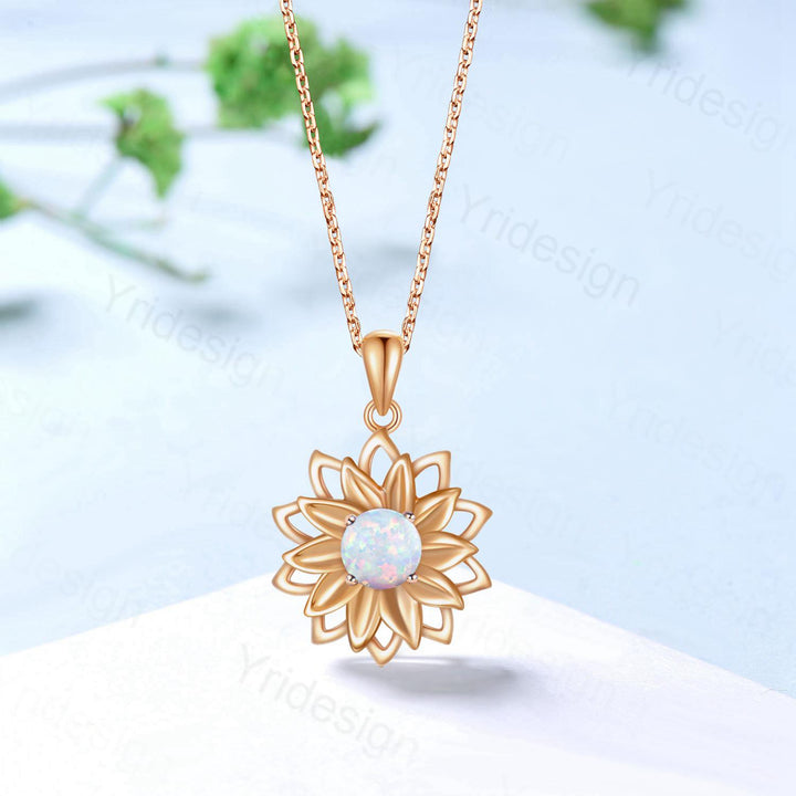 Vintage Sunflower White Opal Pendant Necklace fire opal leafy necklace elegant spinner pendant October birthstone anniversary gifts for mom - PENFINE
