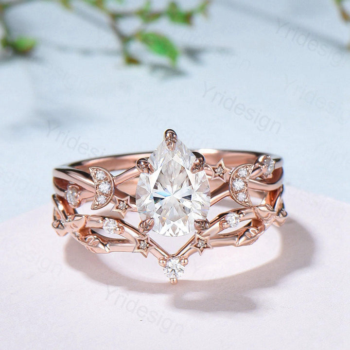 Vintage Pear Shaped Diamond Engagement Ring Set Moon Star Rose Gold Moissanite Wedding Ring Set Nature Inspired Twig Vine Anniversary Ring - PENFINE