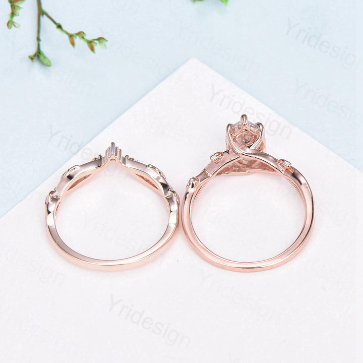 Vintage Pear Shaped Diamond Engagement Ring Set Moon Star Rose Gold Moissanite Wedding Ring Set Nature Inspired Twig Vine Anniversary Ring - PENFINE