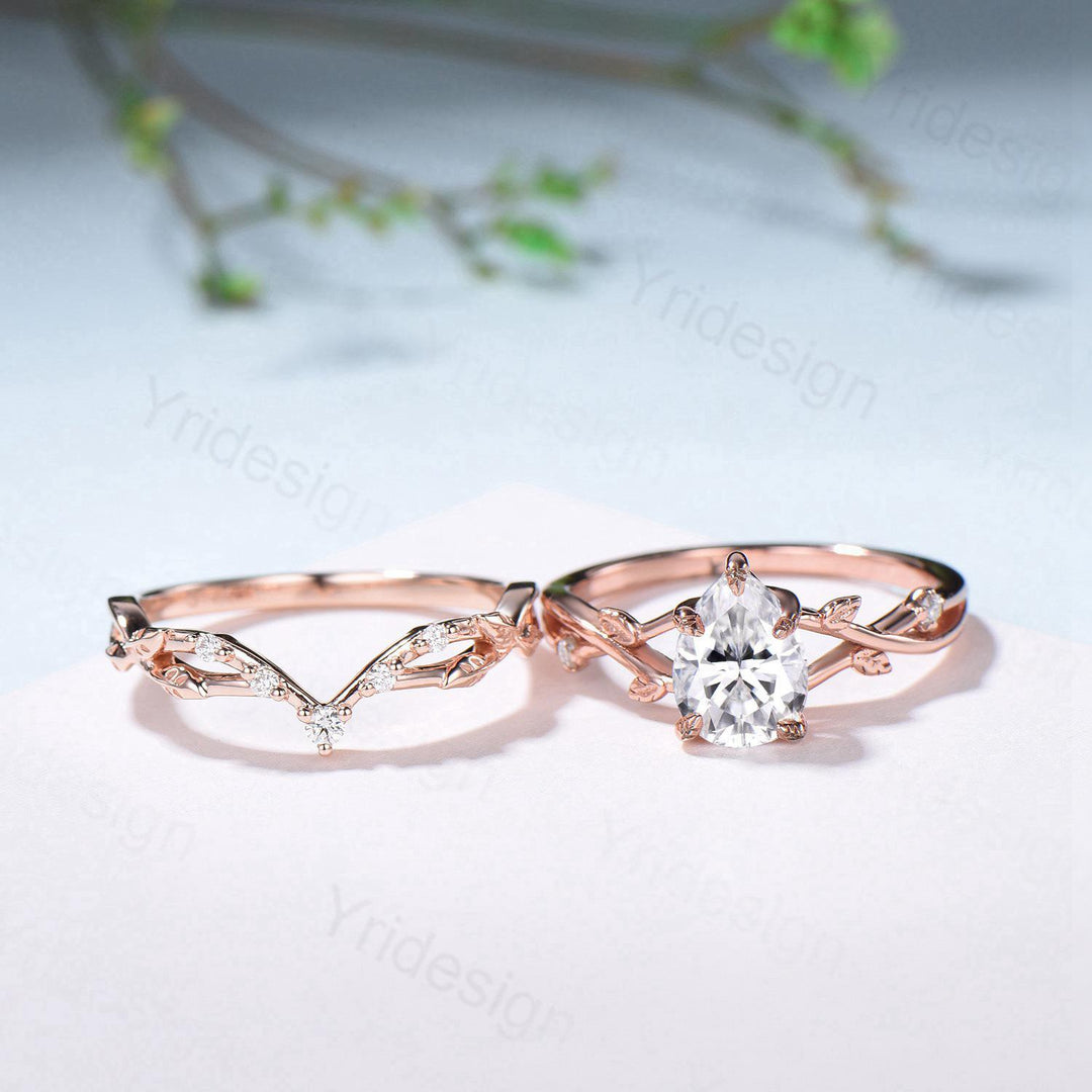 Vintage Pear Shaped Diamond Engagement Ring Set Moon Star Rose Gold Moissanite Wedding Ring Set Nature Inspired Twig Vine Anniversary Ring - PENFINE