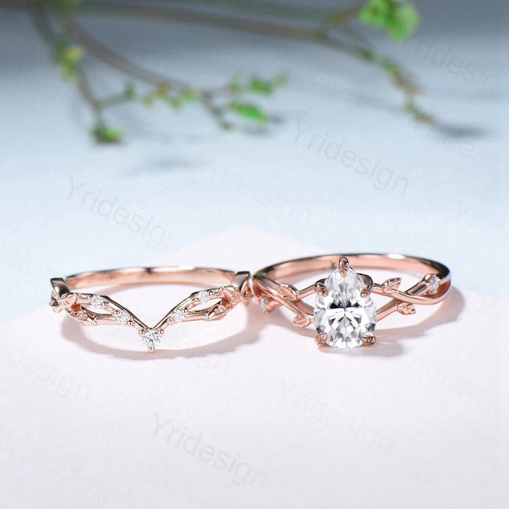 Vintage Pear Shaped Diamond Engagement Ring Set Moon Star Rose Gold Moissanite Wedding Ring Set Nature Inspired Twig Vine Anniversary Ring - PENFINE