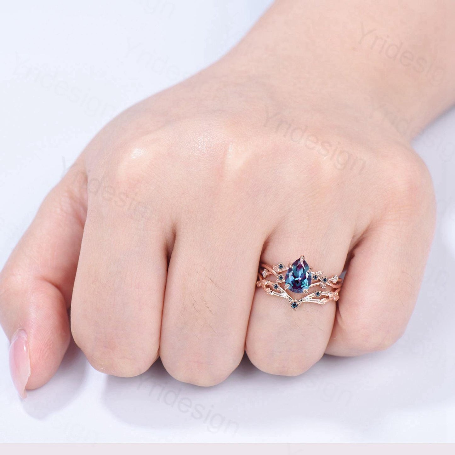 Floral alexandrite engagement ring set Nature inspired color change stone engagement ring set silver rose gold leafy vine bridal wedding set - PENFINE