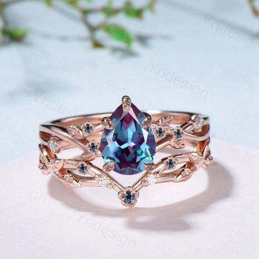 Floral alexandrite engagement ring set Nature inspired color change stone engagement ring set silver rose gold leafy vine bridal wedding set - PENFINE
