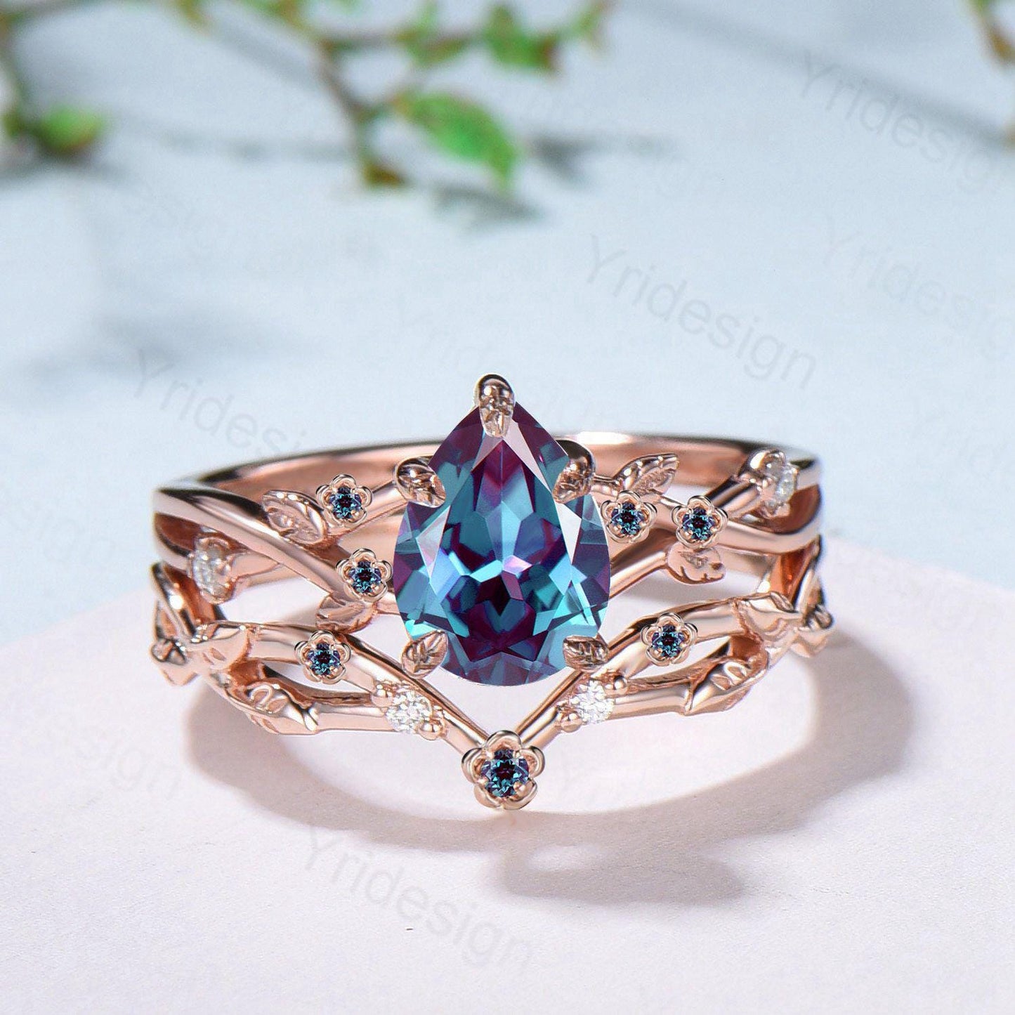 Floral alexandrite engagement ring set Nature inspired color change stone engagement ring set silver rose gold leafy vine bridal wedding set - PENFINE