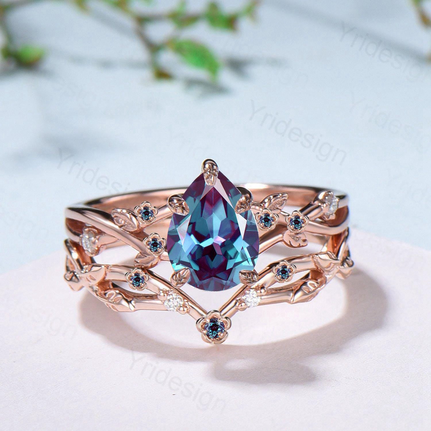 Floral alexandrite engagement ring set Nature inspired color change stone engagement ring set silver rose gold leafy vine bridal wedding set - PENFINE