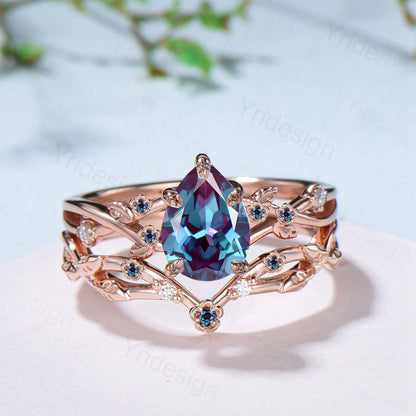 Floral alexandrite engagement ring set Nature inspired color change stone engagement ring set silver rose gold leafy vine bridal wedding set - PENFINE