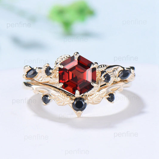Vintage Hexagon cut garnet engagement ring set Nature Inspired black spinel wedding ring set 14k Yellow Gold Twig Vine bridal set for women - PENFINE