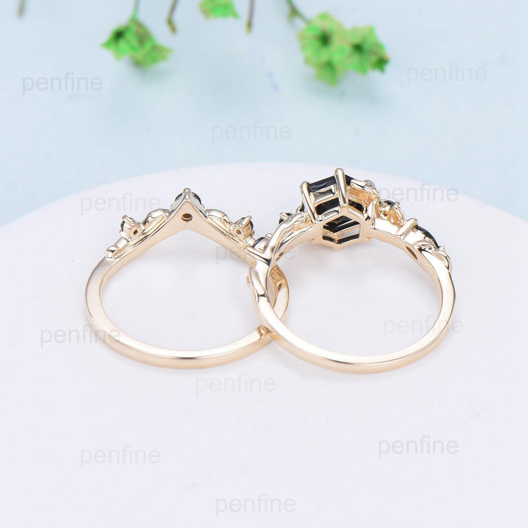 Vintage Hexagon cut garnet engagement ring set Nature Inspired black spinel wedding ring set 14k Yellow Gold Twig Vine bridal set for women - PENFINE