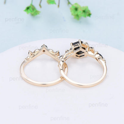 Vintage Hexagon cut garnet engagement ring set Nature Inspired black spinel wedding ring set 14k Yellow Gold Twig Vine bridal set for women - PENFINE