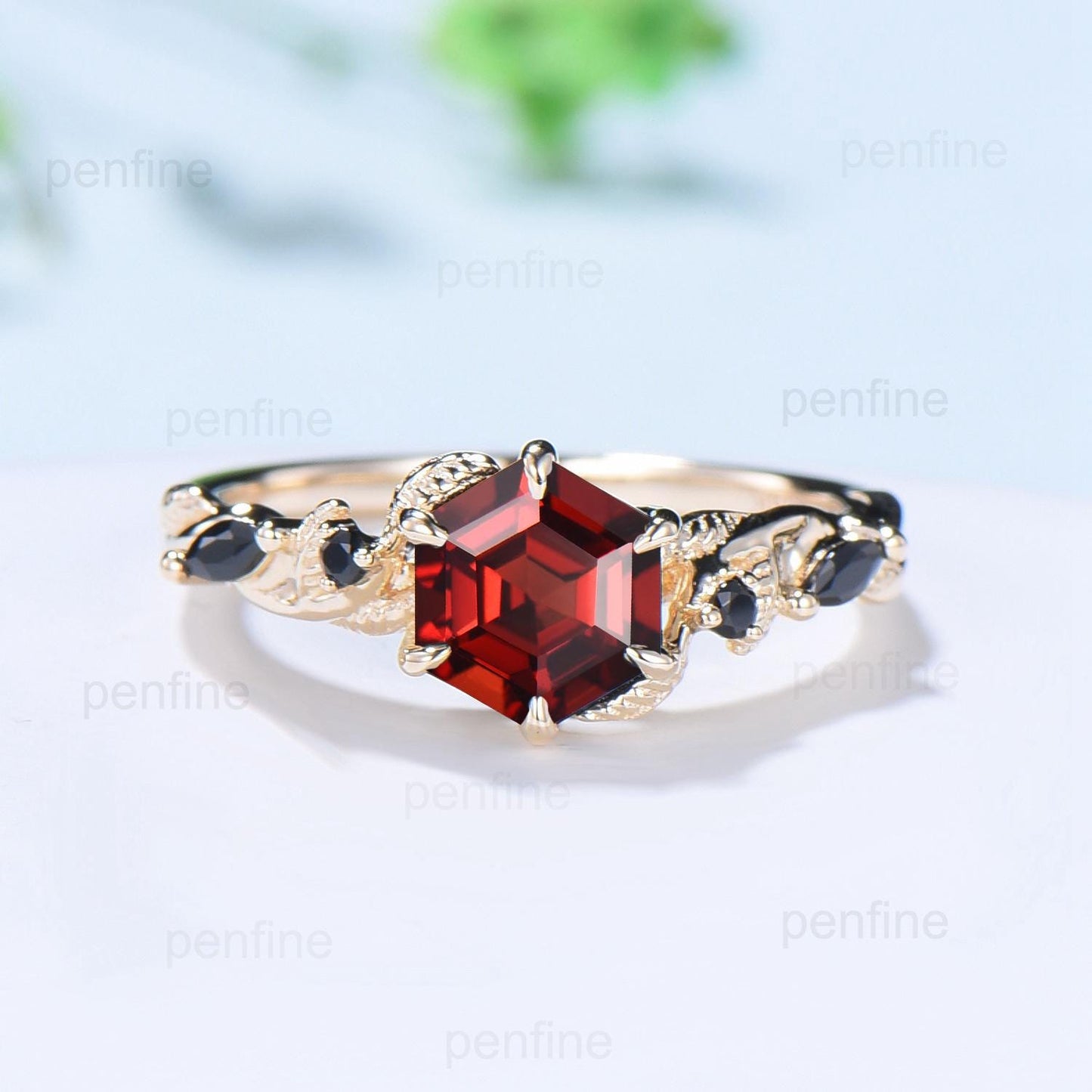 Vintage Hexagon cut garnet engagement ring set Nature Inspired black spinel wedding ring set 14k Yellow Gold Twig Vine bridal set for women - PENFINE