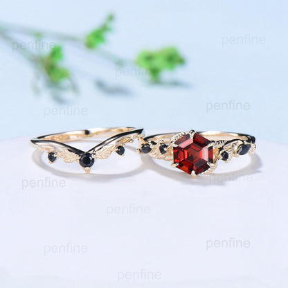 Vintage Hexagon cut garnet engagement ring set Nature Inspired black spinel wedding ring set 14k Yellow Gold Twig Vine bridal set for women - PENFINE