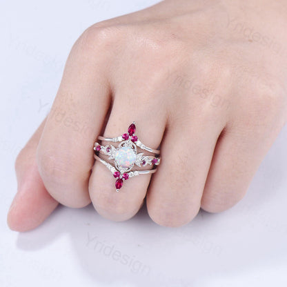 Vintage White Opal Engagement Ring Set Leaf Vine Nature Inspired Fire Opal Ruby Wedding Ring Five Stone Moissanite Bridal Ring Set for Women - PENFINE