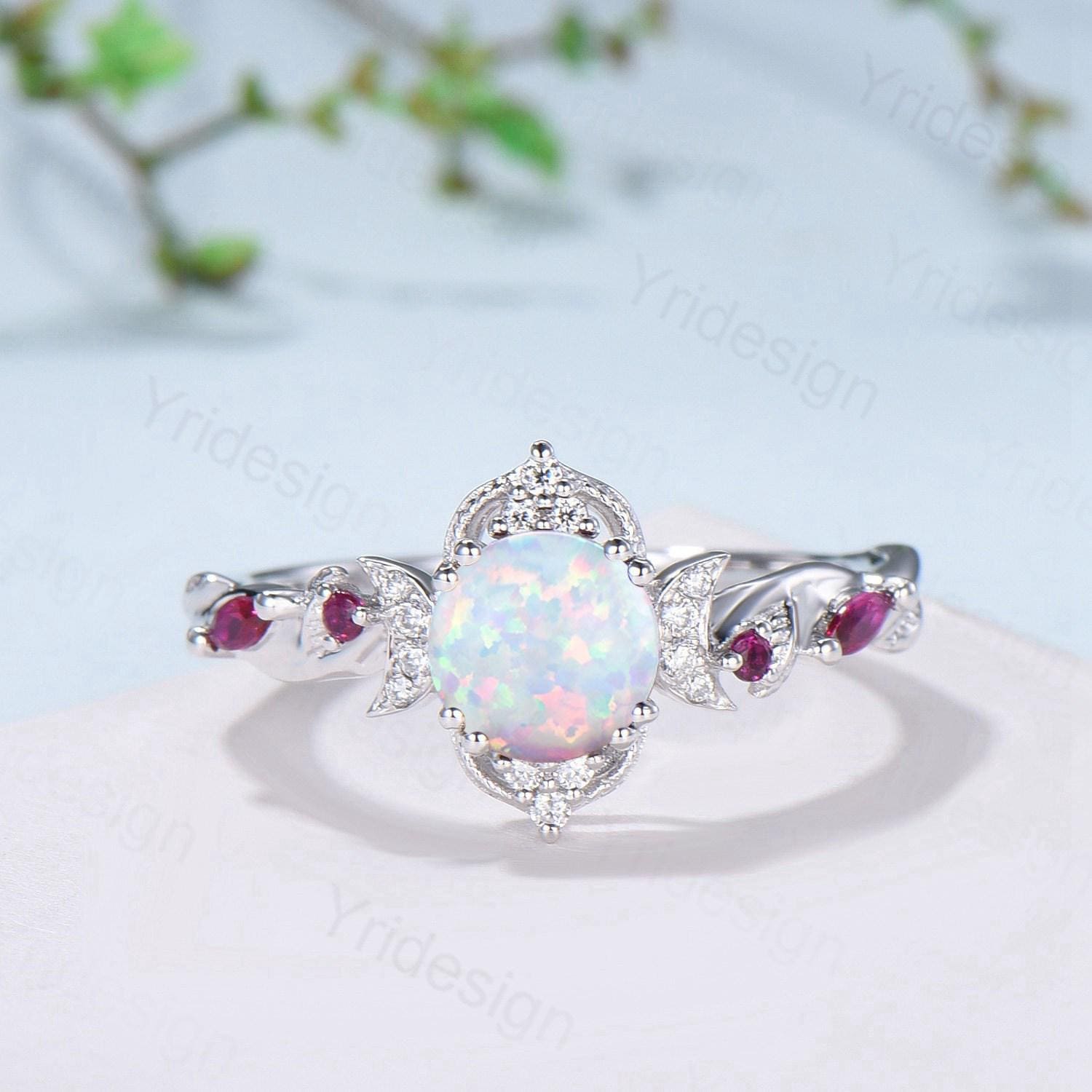 Vintage White Opal Engagement Ring Set Leaf Vine Nature Inspired Fire Opal Ruby Wedding Ring Five Stone Moissanite Bridal Ring Set for Women - PENFINE