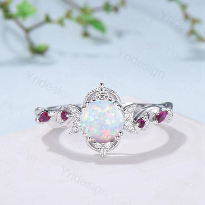 Vintage White Opal Engagement Ring Set Leaf Vine Nature Inspired Fire Opal Ruby Wedding Ring Five Stone Moissanite Bridal Ring Set for Women - PENFINE