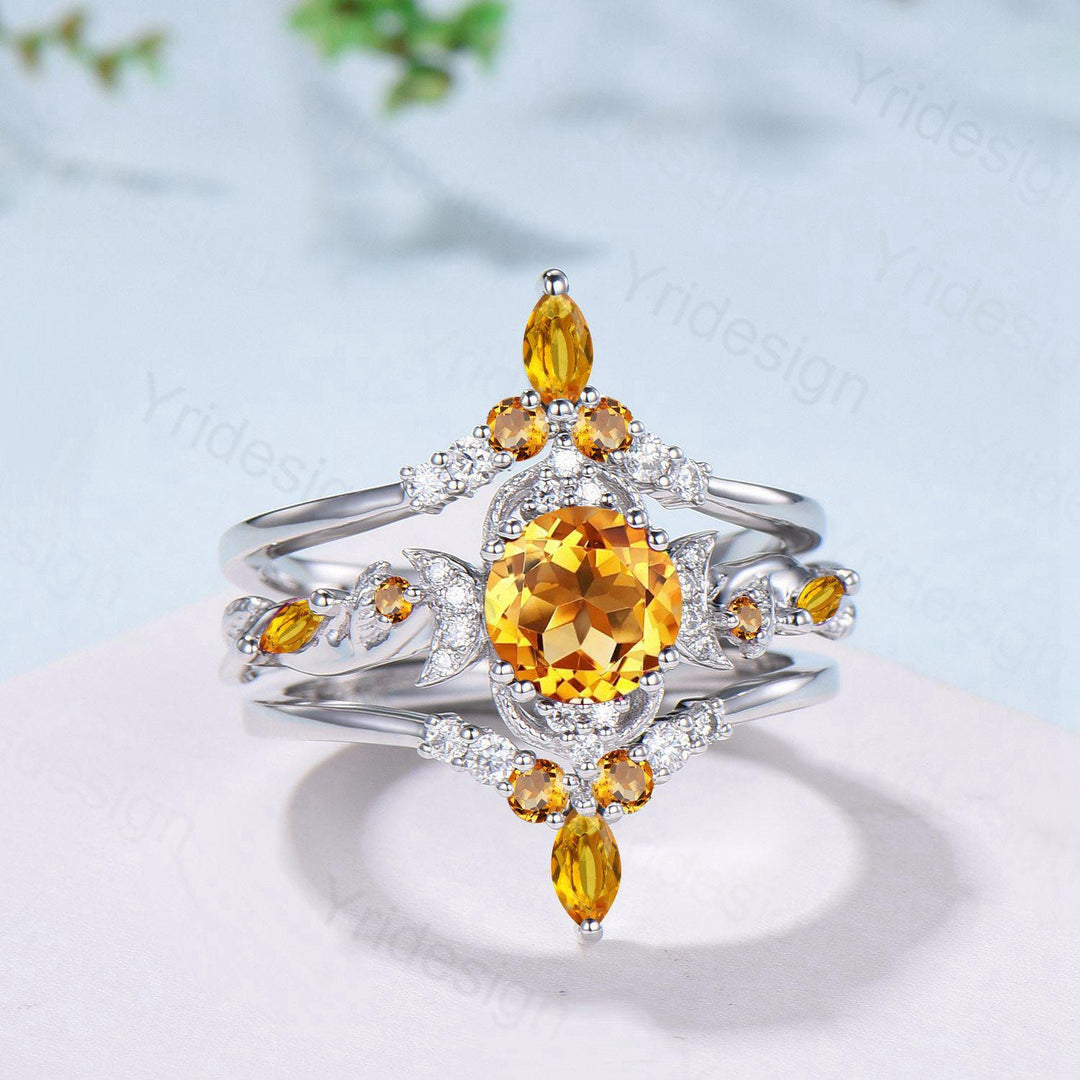 Vintage Round Cut Citrine Engagement Ring Set Nature Inspired November Birthstone Wedding Ring Set Art Deco Moissanite Bridal Set for Women - PENFINE