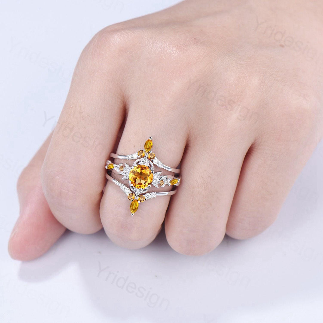 Vintage Round Cut Citrine Engagement Ring Set Nature Inspired November Birthstone Wedding Ring Set Art Deco Moissanite Bridal Set for Women - PENFINE