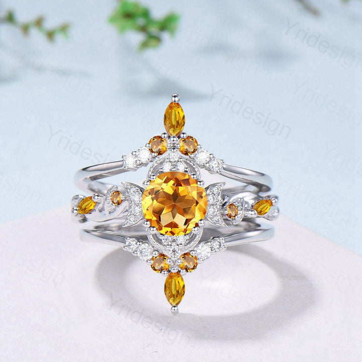 Vintage Round Cut Citrine Engagement Ring Set Nature Inspired November Birthstone Wedding Ring Set Art Deco Moissanite Bridal Set for Women - PENFINE