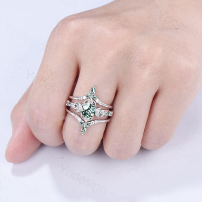 Vintage Natural Moss Agate Engagement Ring Set Nature Inspired Leaf Vine Round Cut Green Agate Wedding Ring Art Deco 3Pcs Bridal Ring Set - PENFINE
