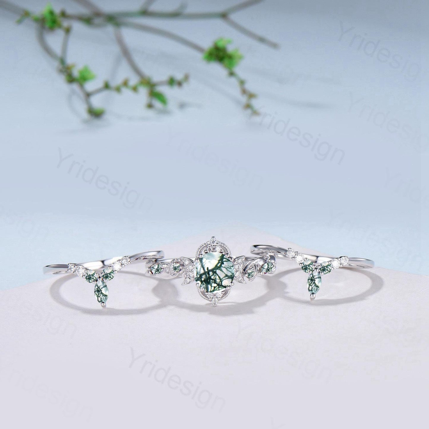 Vintage Natural Moss Agate Engagement Ring Set Nature Inspired Leaf Vine Round Cut Green Agate Wedding Ring Art Deco 3Pcs Bridal Ring Set - PENFINE