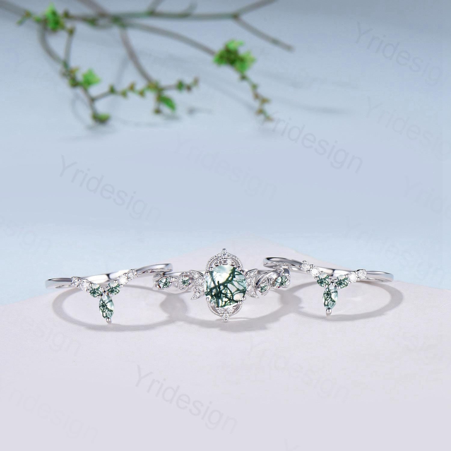 Vintage Natural Moss Agate Engagement Ring Set Nature Inspired Leaf Vine Round Cut Green Agate Wedding Ring Art Deco 3Pcs Bridal Ring Set - PENFINE