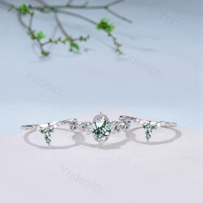 Vintage Natural Moss Agate Engagement Ring Set Nature Inspired Leaf Vine Round Cut Green Agate Wedding Ring Art Deco 3Pcs Bridal Ring Set - PENFINE