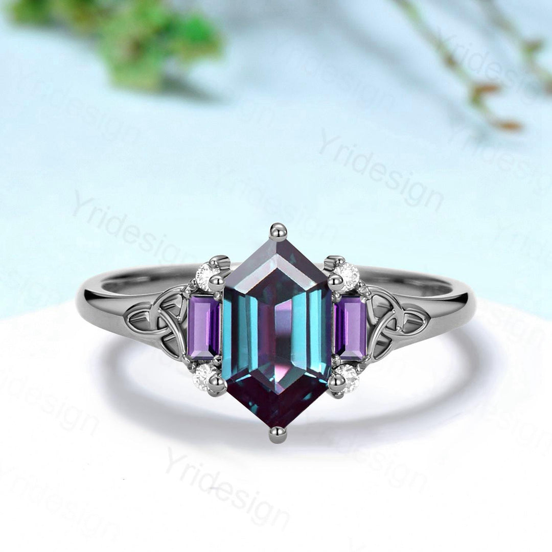 Unique Celtic Knot Long Hexagon Cut Alexandrite Engagement Ring Unique Norse Viking Cluster Baguette Amethyst Wedding Ring Anniversary gifts - PENFINE
