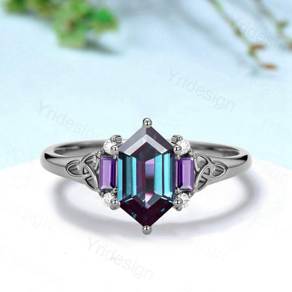 Unique Celtic Knot Long Hexagon Cut Alexandrite Engagement Ring Unique Norse Viking Cluster Baguette Amethyst Wedding Ring Anniversary gifts - PENFINE