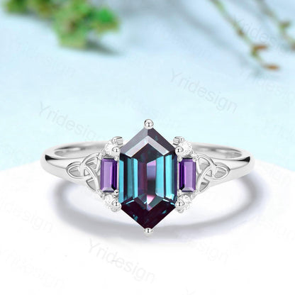 Unique Celtic Knot Long Hexagon Cut Alexandrite Engagement Ring Unique Norse Viking Cluster Baguette Amethyst Wedding Ring Anniversary gifts - PENFINE