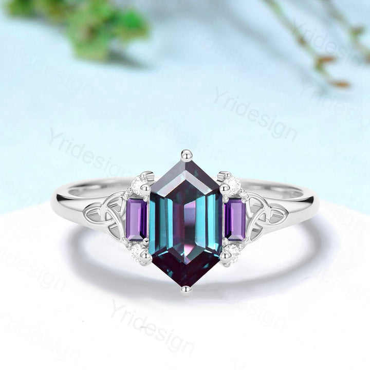 Unique Celtic Knot Long Hexagon Cut Alexandrite Engagement Ring Unique Norse Viking Cluster Baguette Amethyst Wedding Ring Anniversary gifts - PENFINE