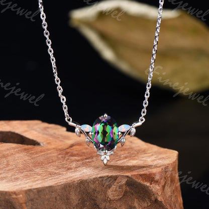 Mystic Topaz Necklace, Opal Leaf Vine Pendant, Handmade Wedding Jewelry