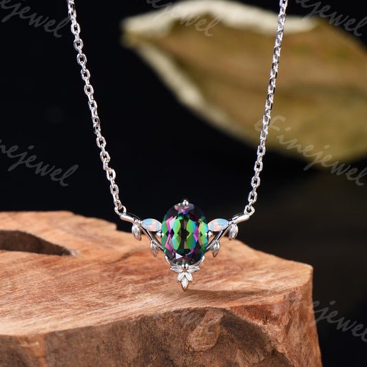 Mystic Topaz Necklace, Opal Leaf Vine Pendant, Handmade Wedding Jewelry