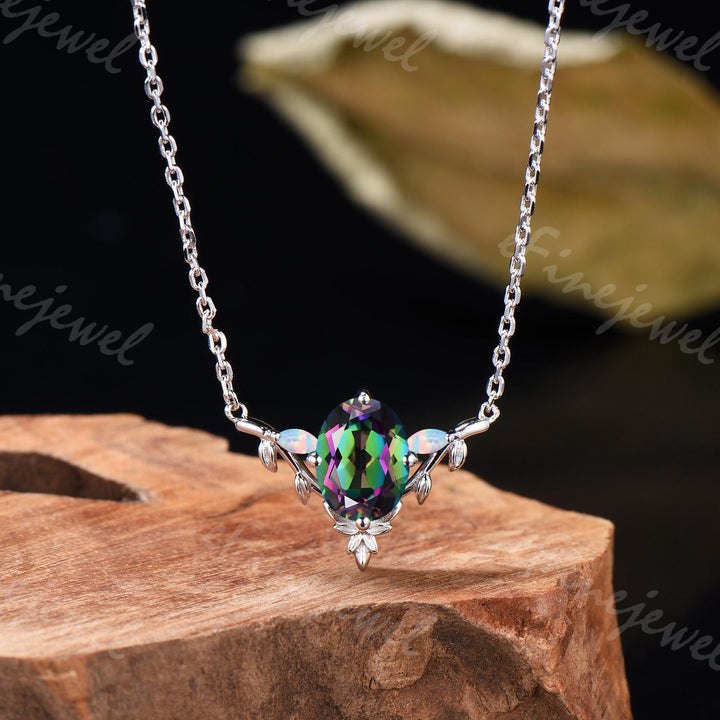 Mystic Topaz Necklace, Opal Leaf Vine Pendant, Handmade Wedding Jewelry
