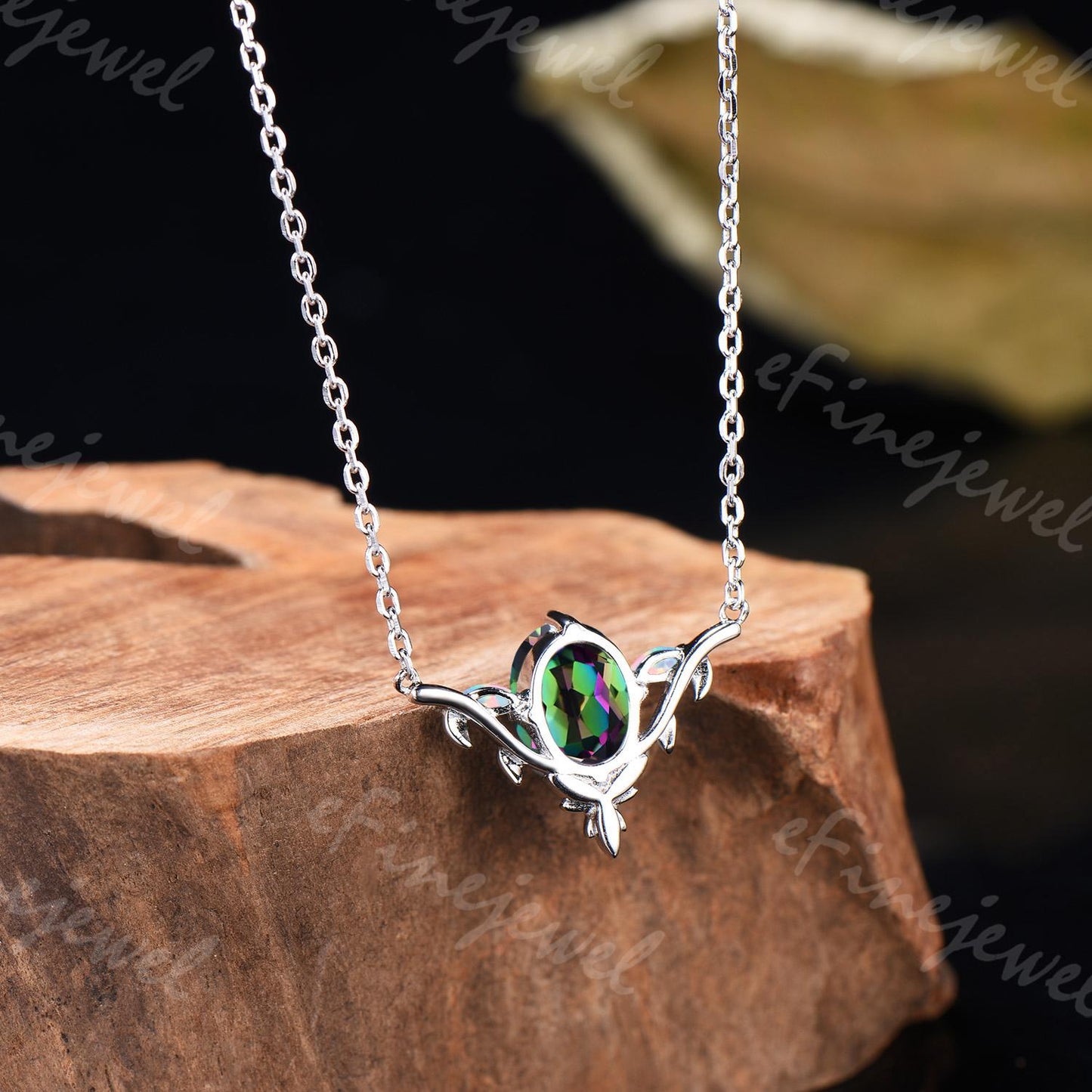 Mystic Topaz Necklace, Opal Leaf Vine Pendant, Handmade Wedding Jewelry