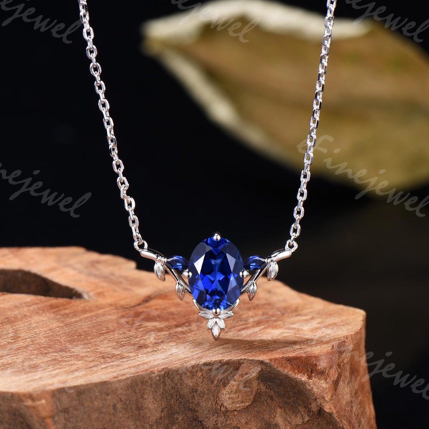 Oval Blue Sapphire Leaf Vine Necklace, Handmade Gold Wedding Pendant