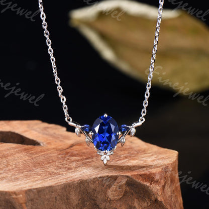 Oval Blue Sapphire Leaf Vine Necklace, Handmade Gold Wedding Pendant