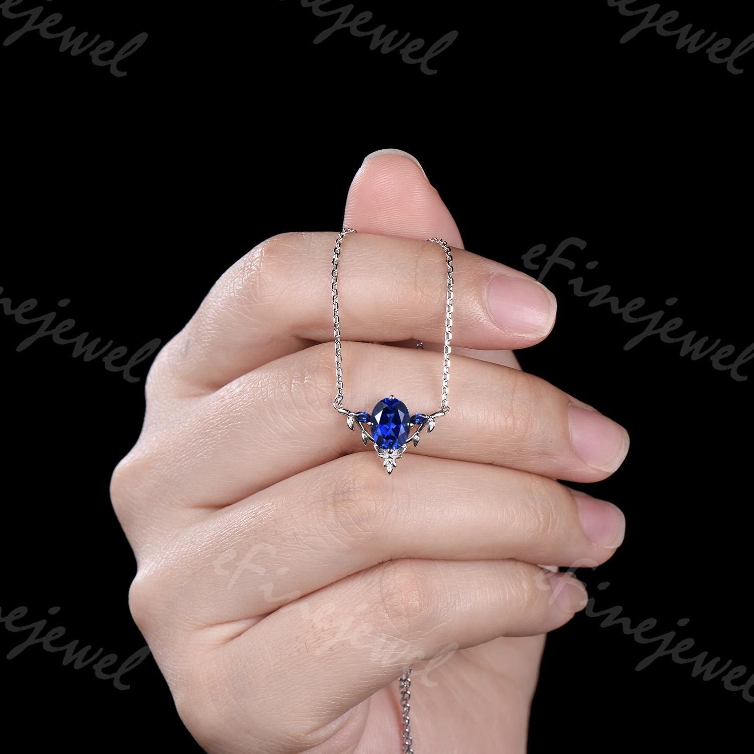 Oval Blue Sapphire Leaf Vine Necklace, Handmade Gold Wedding Pendant